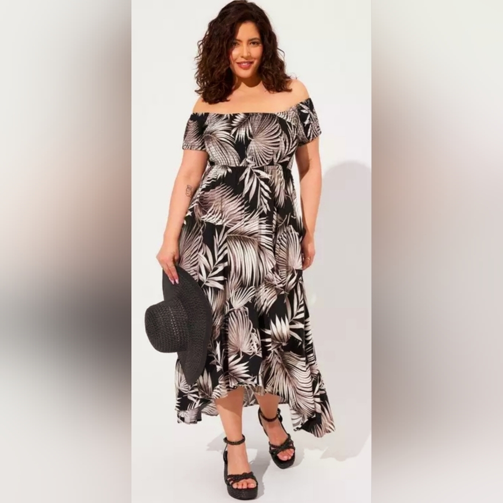 torrid Black Maxi Dress with Taupe Leaf Print Off-Shoulder - Picture 7 of 8